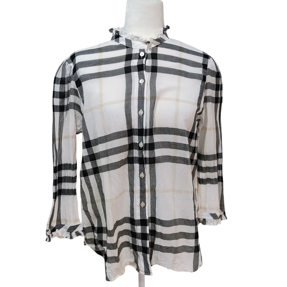Burberry Black & White Salla Plaid Blouse w/ Ruffle‎ Collar Luxury Designer - 6